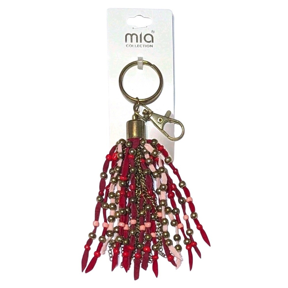 Mia Collection Tassel Keychain Key Ring Bag Charm Womens Red Pink Beaded Boho